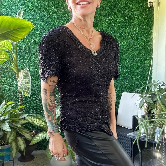 1980s Cote d'Azur Evening Black Sequined Beaded Fringe Top Handicraft Cropped - Picture 3 of 6